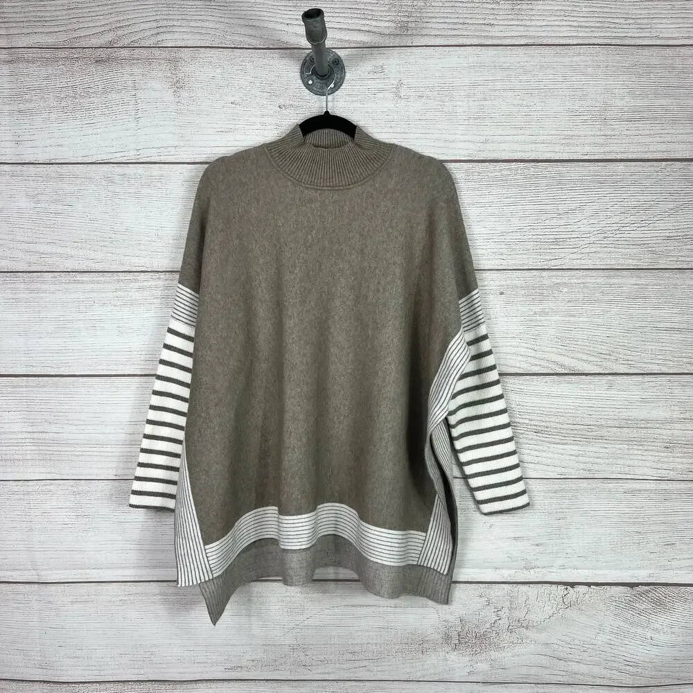 Zenana Women's Oversized Taupe Striped Side Slit Mock Neck Sweater Size Medium